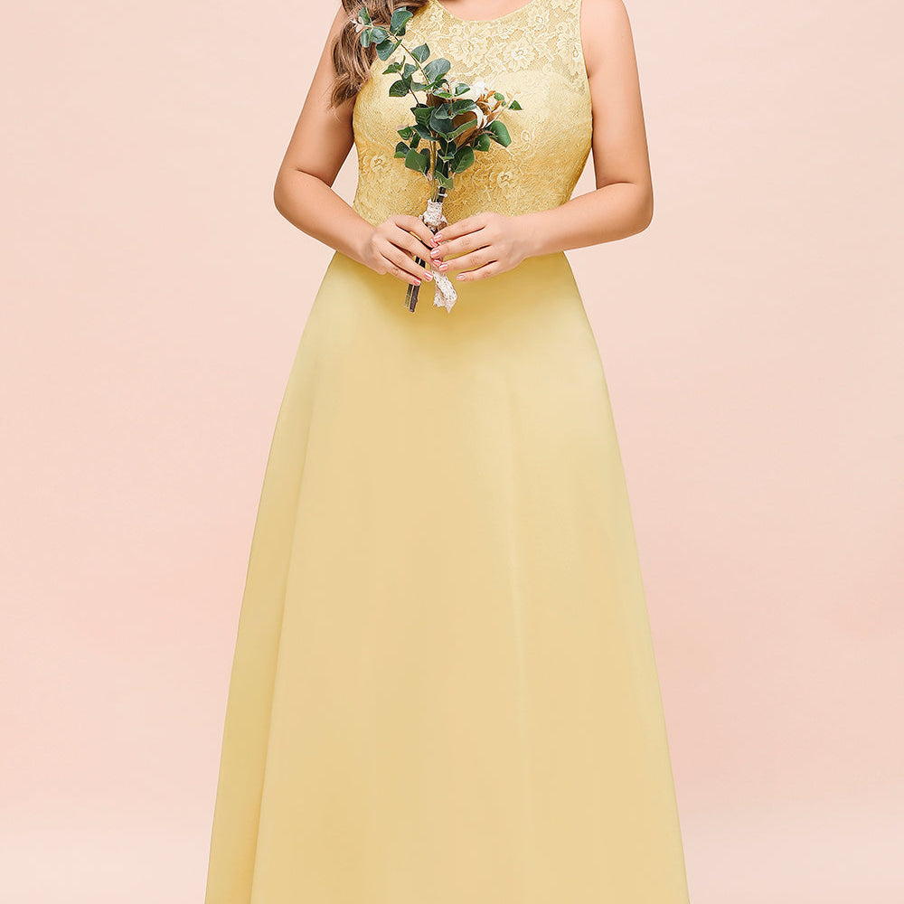 Plus Size Daffodil Long Jewel Chiffon Bridesmaid Dress with Lace Plus Size Daffodil Long Jewel Chiffon Bridesmaid Dress with Lace
