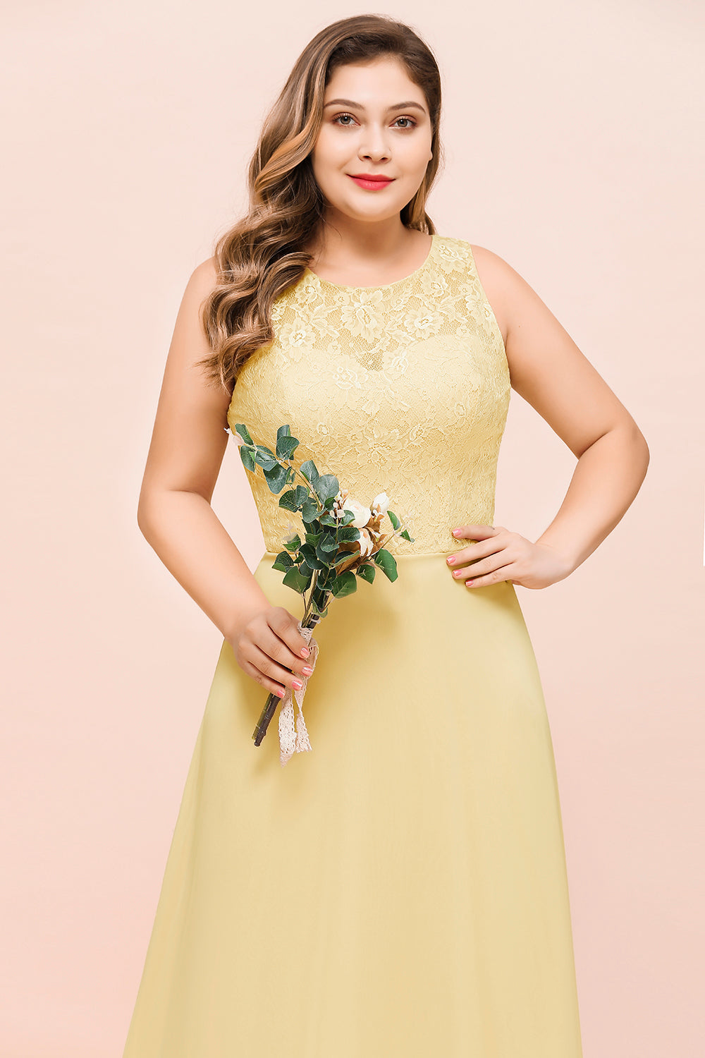 Plus Size Daffodil Long Jewel Chiffon Bridesmaid Dress with Lace – BIZTUNNEL