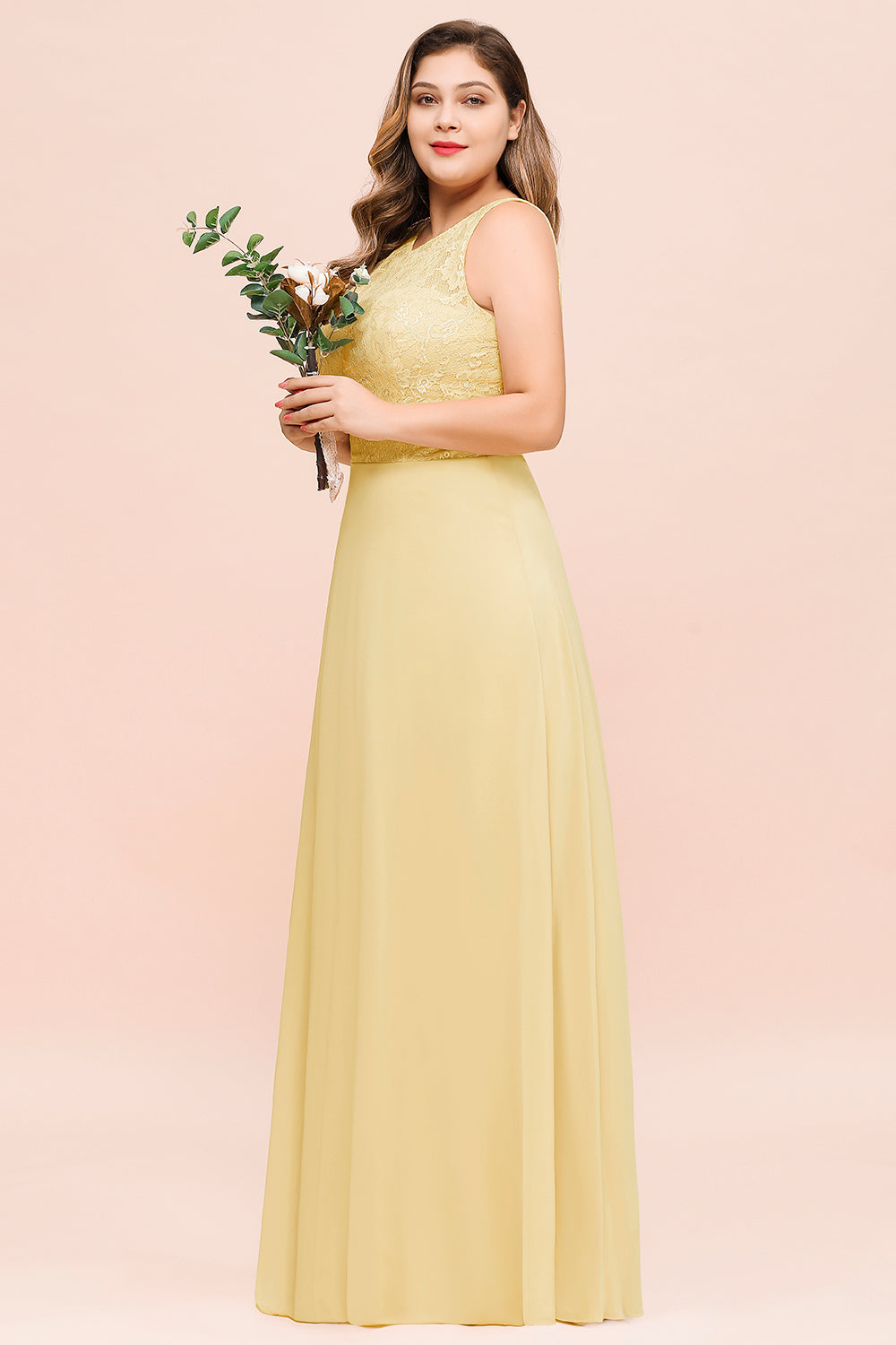 Plus Size Daffodil Long Jewel Chiffon Bridesmaid Dress with Lace-BIZTUNNEL
