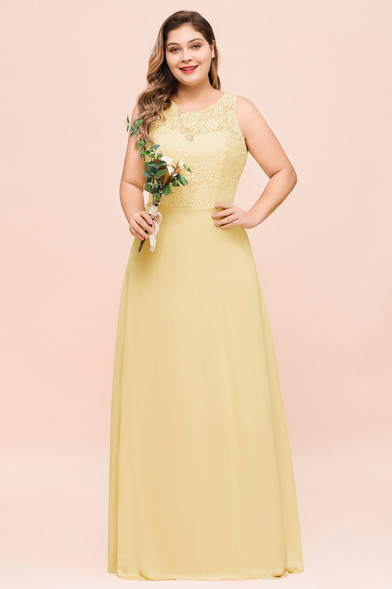 Plus Size Daffodil Long Jewel Chiffon Bridesmaid Dress with Lace-BIZTUNNEL