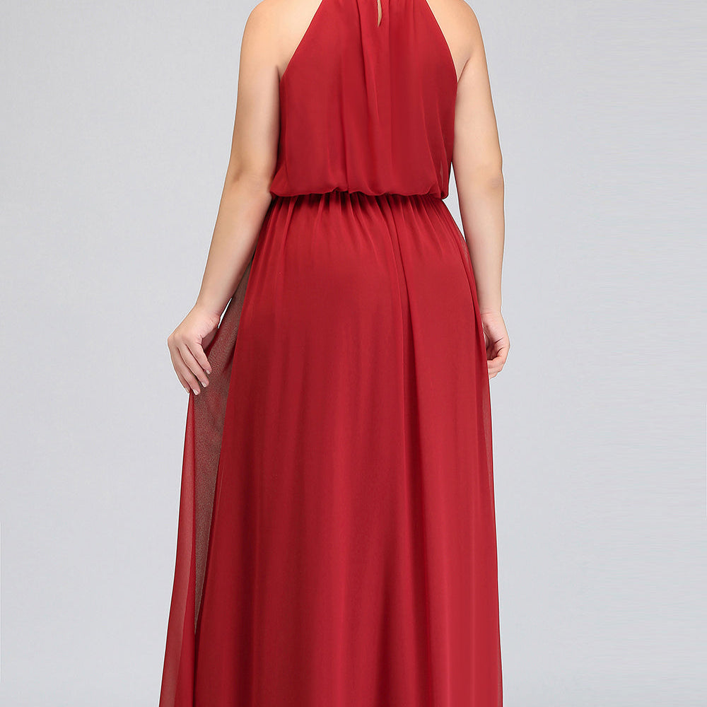 Plus Size Long A-line Chiffon Spaghetti Straps Halter Bridesmaid Dress With Ruffles Plus Size Long A-line Chiffon Spaghetti Straps Halter Bridesmaid Dress With Ruffles
