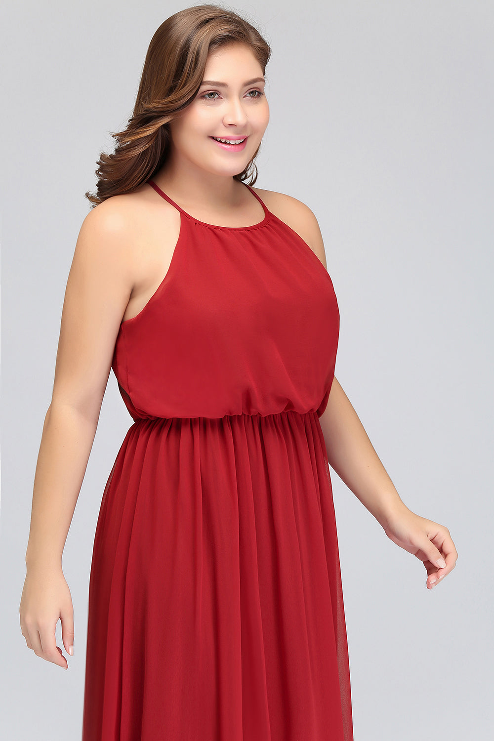 Plus Size Long A-line Chiffon Spaghetti Straps Halter Bridesmaid Dress – BIZTUNNEL