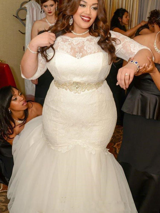 Plus Size Long Mermaid Tulle Lace Wedding Dresses with Sleeves-BIZTUNNEL