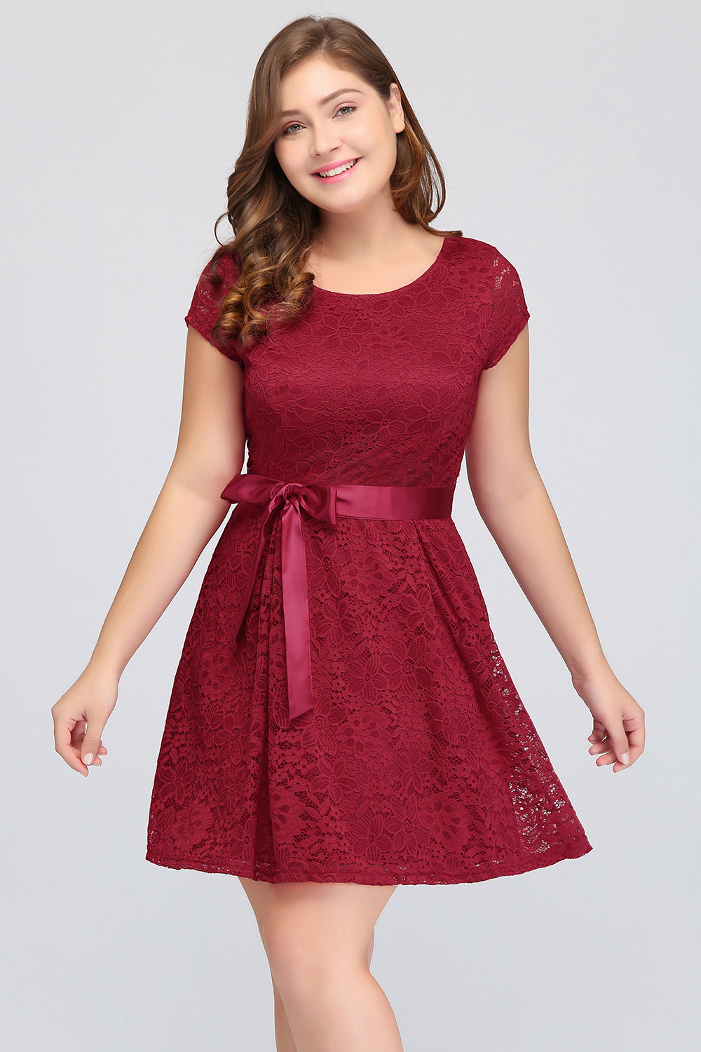 Plus Size Short A-line Bowknot Lace Bridesmaid Dress With Sleeves Plus Size Short A-line Bowknot Lace Bridesmaid Dress With Sleeves