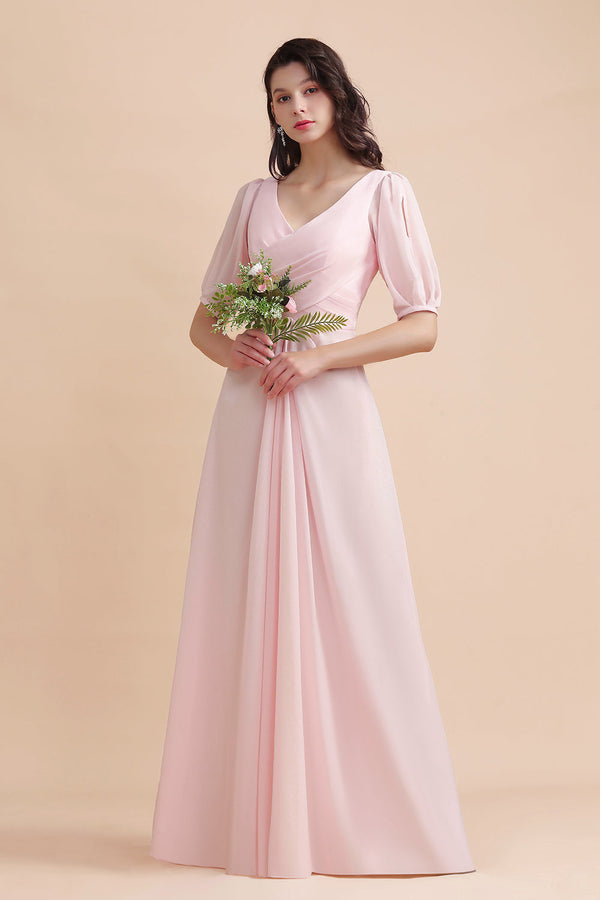 Pretty Long V-neck A-Line Chiffon Bridesmaid Dress with Sleeves-BIZTUNNEL