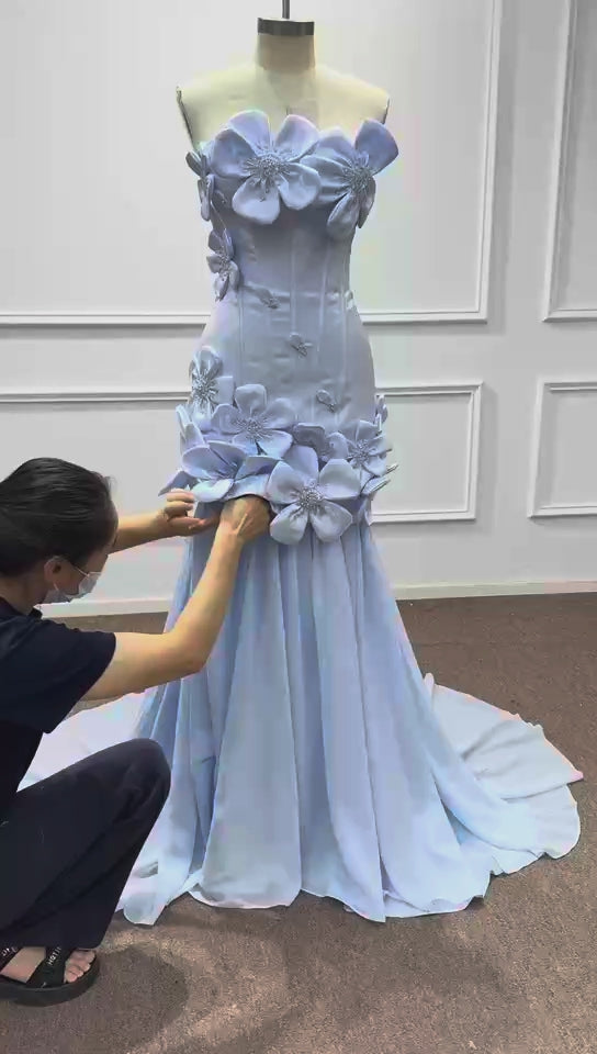 Elegant Light Blue 3D Floral Applique Formal Gown With Detachable Overskirt