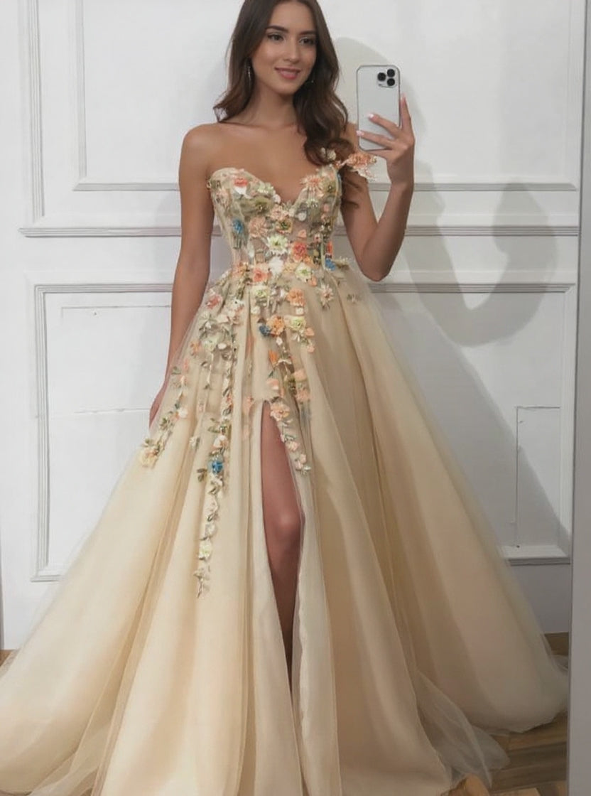 Attractive A-line One Shoulder Tulle Long Prom Dress with Slit