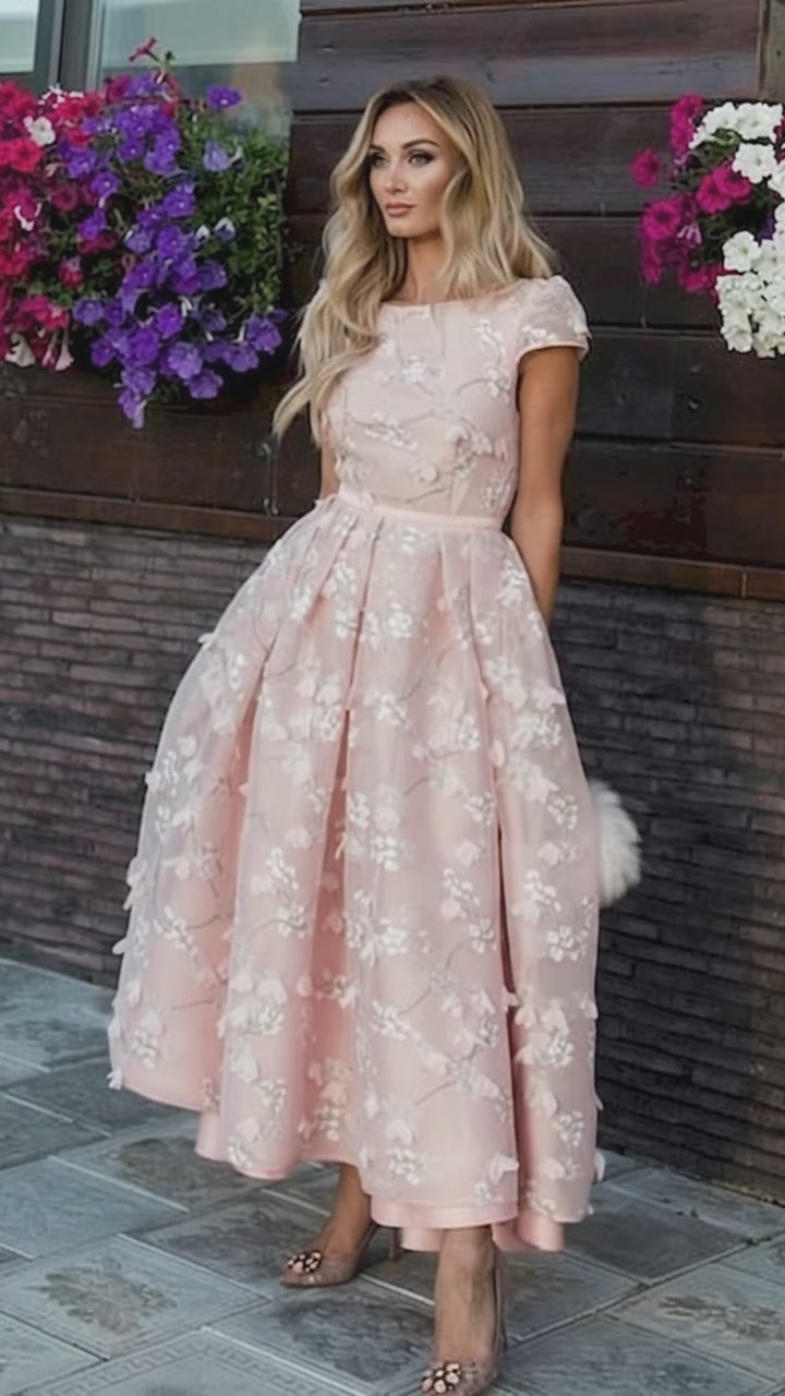 Pink Short Flowers Jewel A-Line Tea-length Prom Dresses
