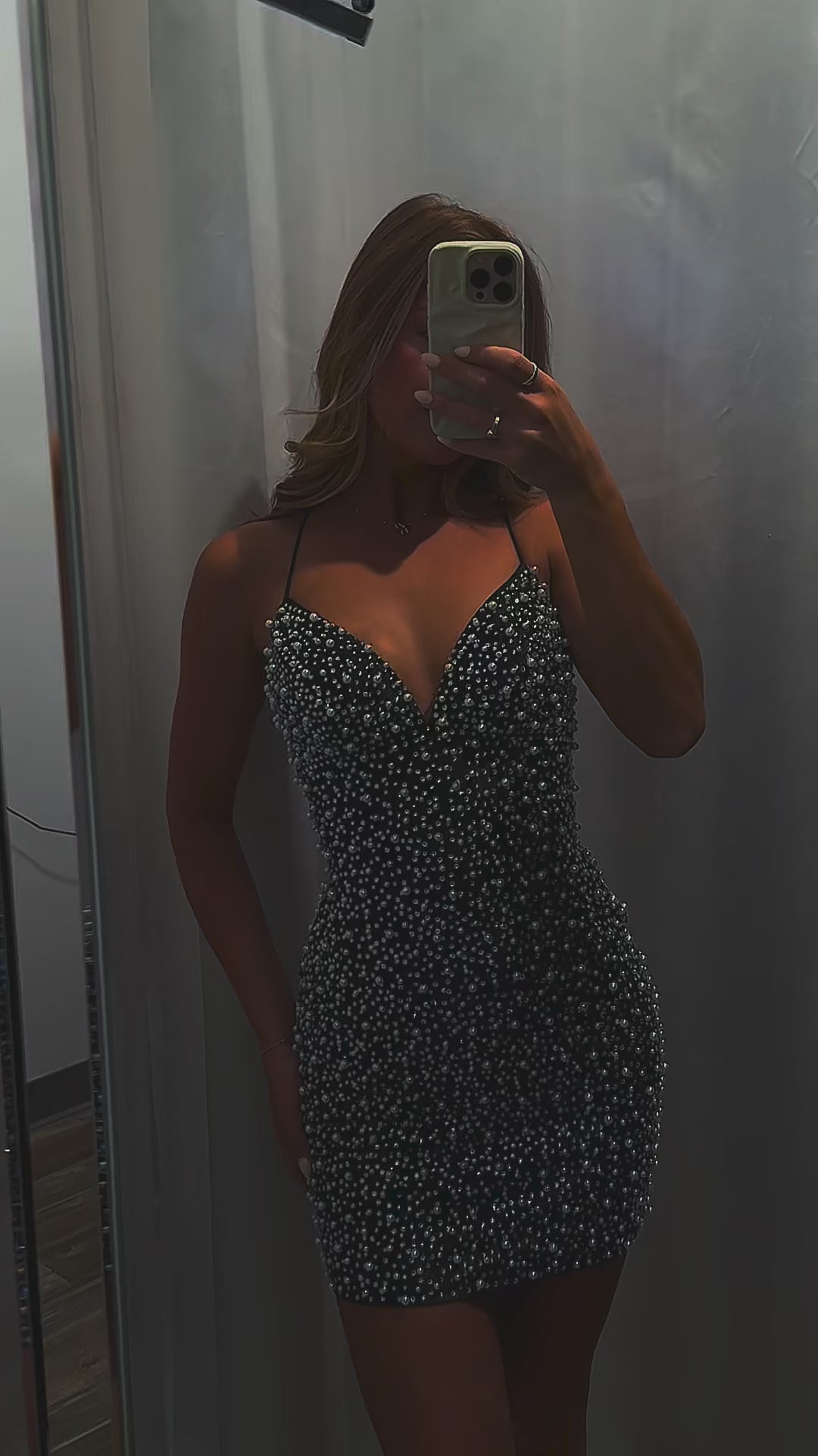 Spaghetti Straps V-neck Sheath Beaded Homecoming Dress