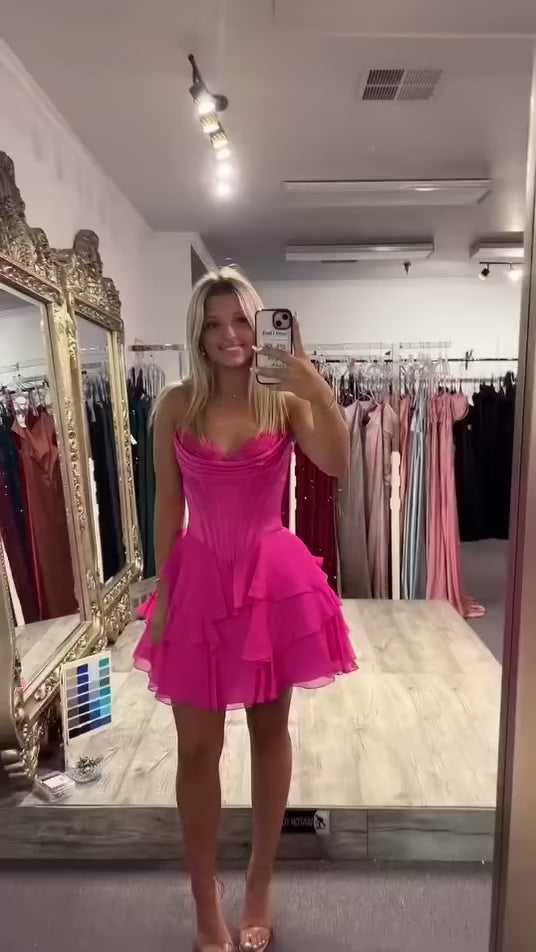 Fuchsia A Line Sweetheart Short Corset Homecoming Dress with Ruffles