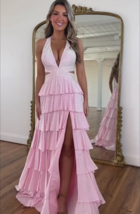 Classic Ruffled Halter Neck A Line Long Prom Dress with Slit