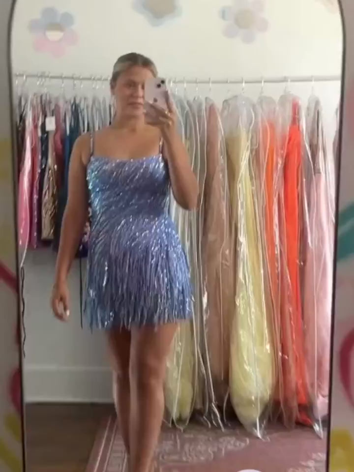 Sparkly Blue Spaghetti Straps Sequins Short Bodycon Homecoming Dress with Tassel