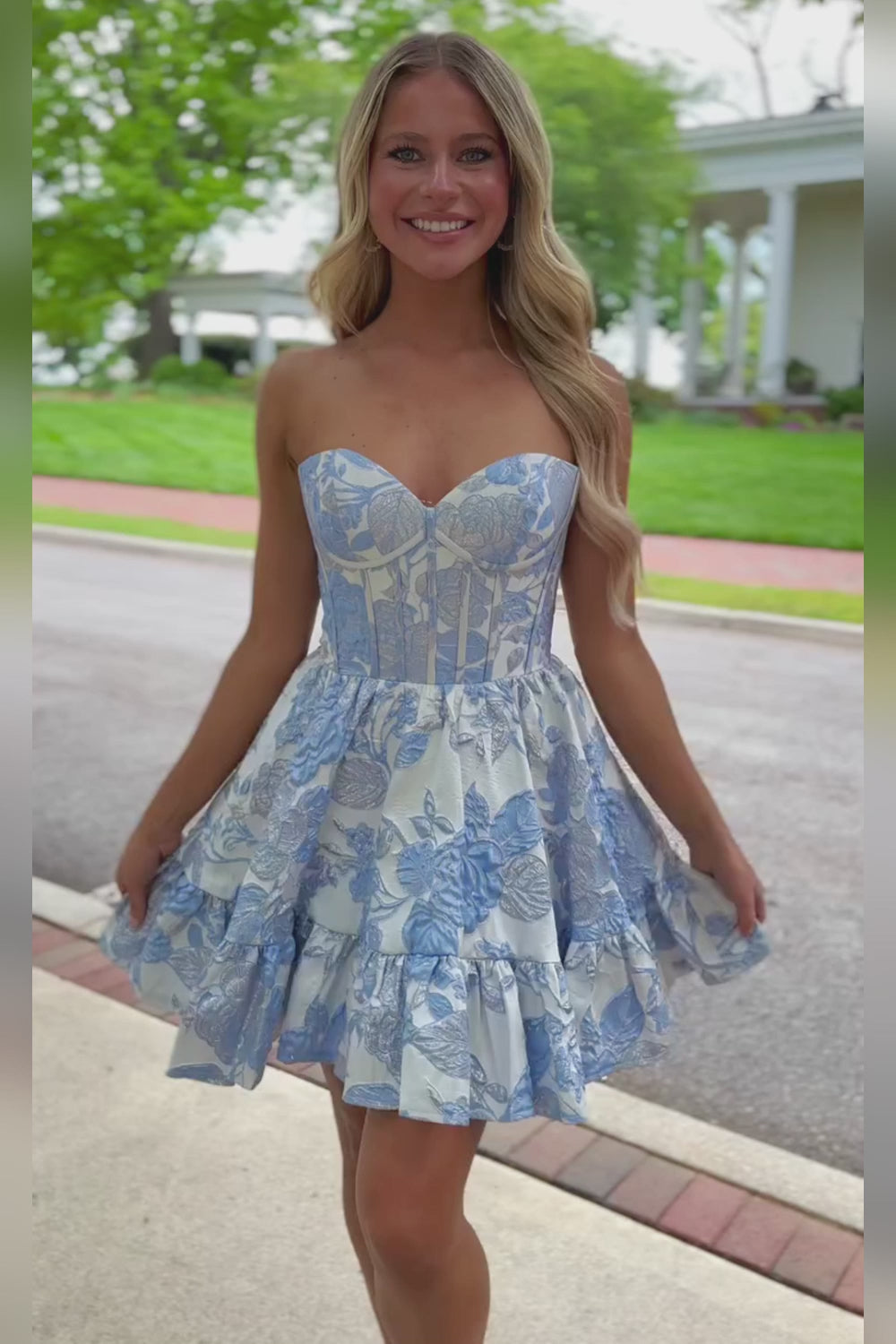 Blue Sweetheart Floral Printed Corset Short Homecoming Dress with Ruffles