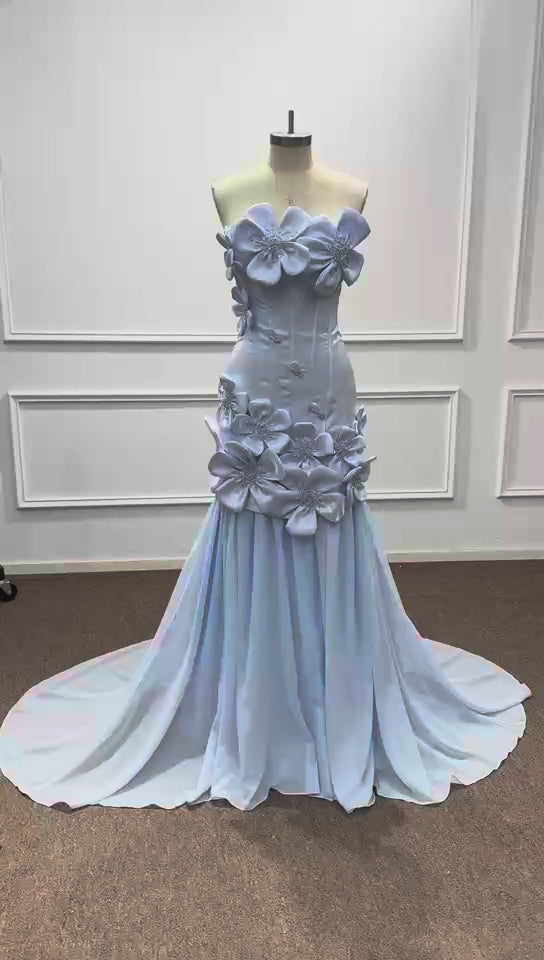 Elegant Light Blue 3D Floral Applique Formal Gown With Detachable Overskirt