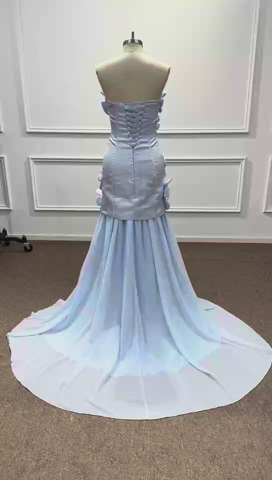 Elegant Light Blue 3D Floral Applique Formal Gown With Detachable Overskirt