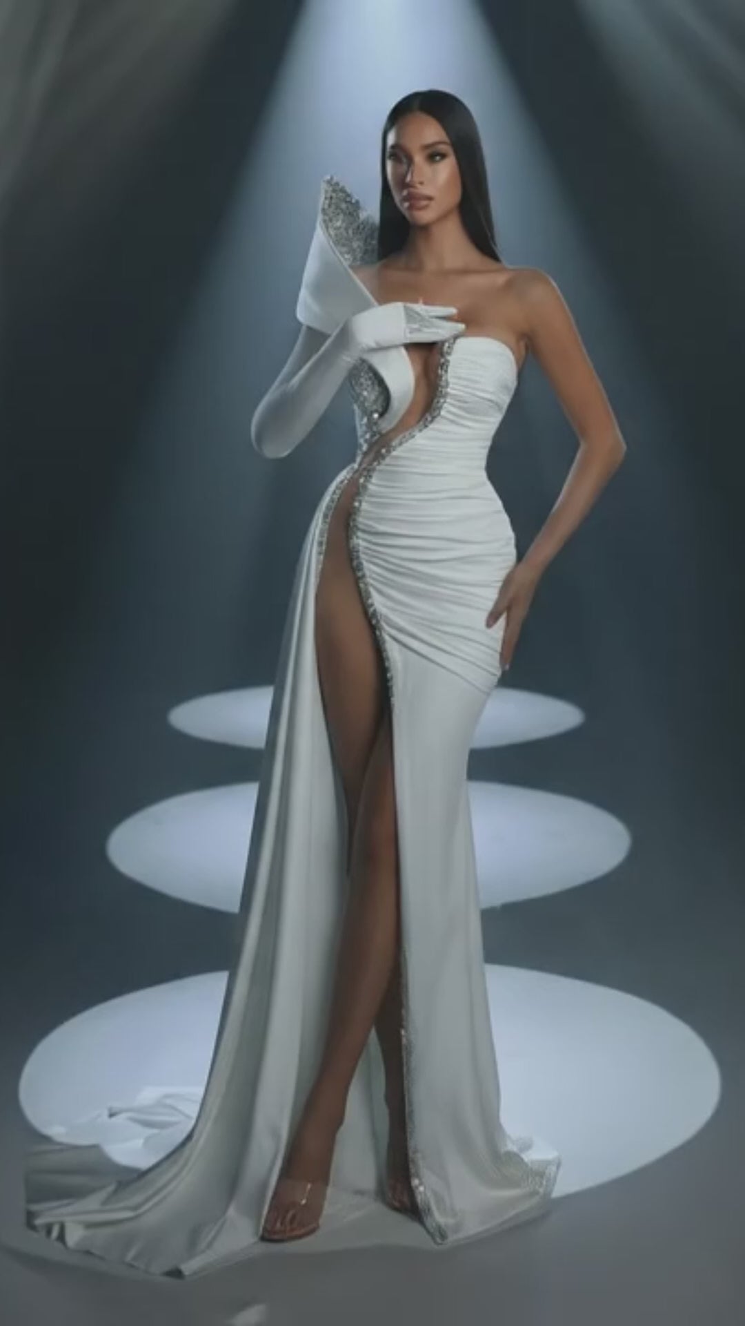 White Long Mermaid One Shoulder Satin Evening Dress with High Slit