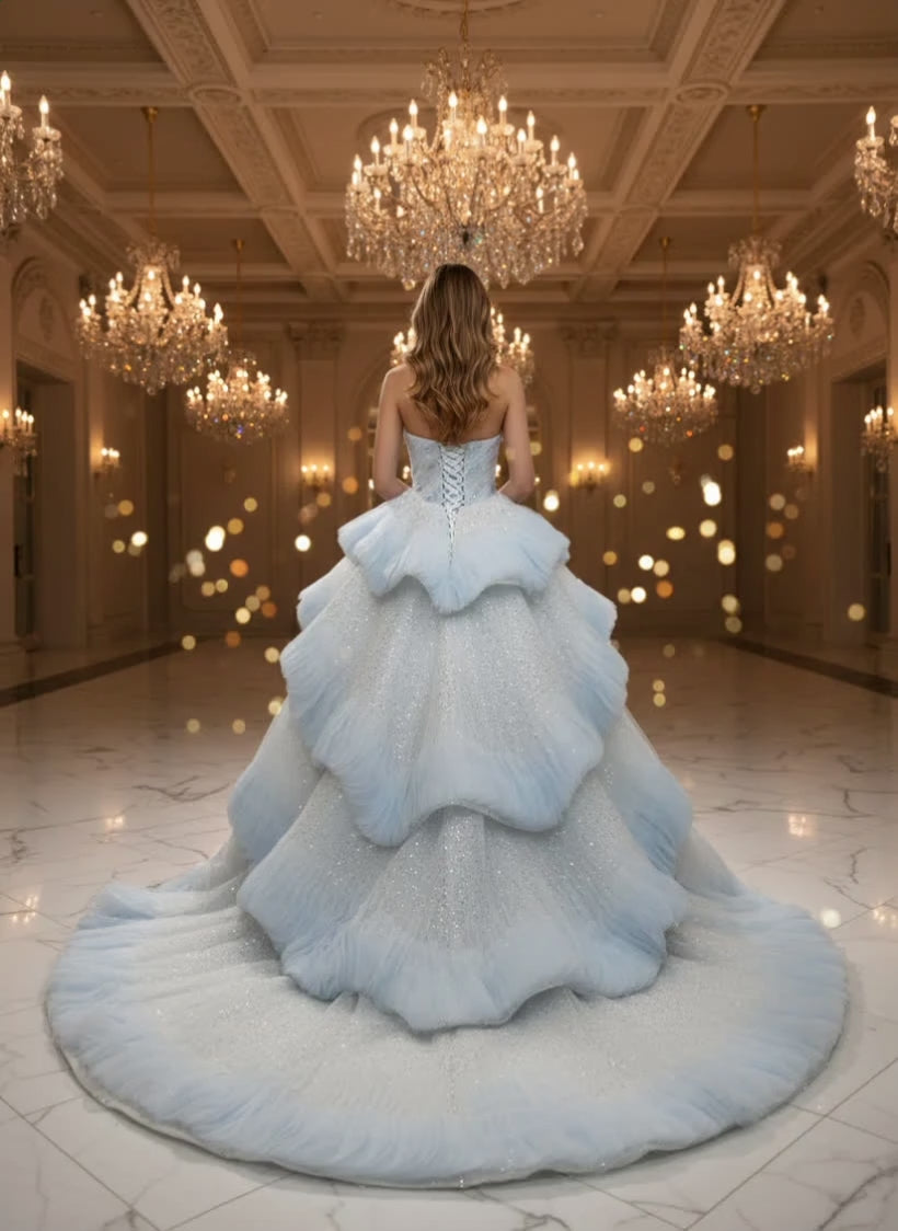 Long Blue Strapless Sequined Ball Gown Prom Dress