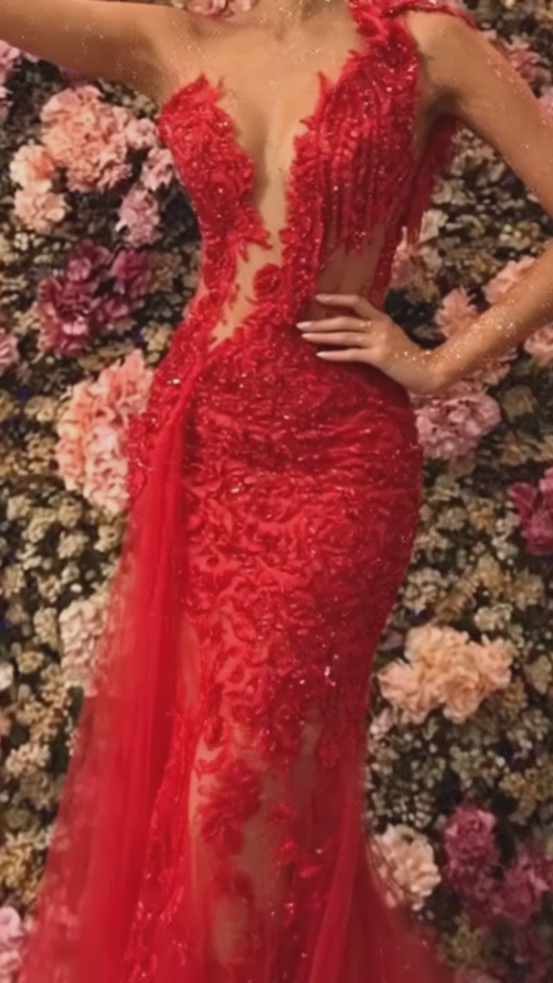 Red Long Mermaid One Shoulder Tulle Lace Prom Dress