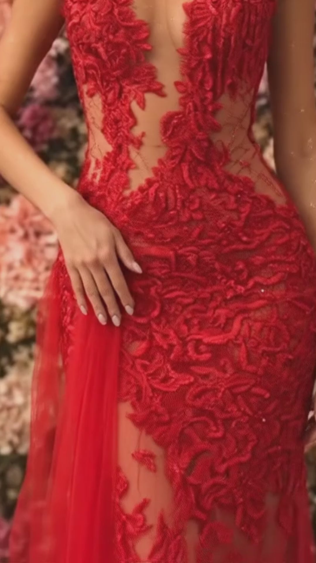 Red Long Mermaid One Shoulder Tulle Lace Prom Dress