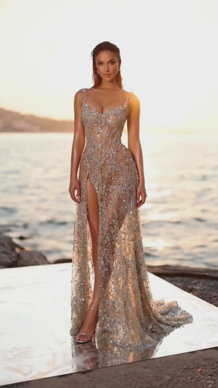 Stunning Sweetheart Sleeveless Sequined Prom Dress with Slit