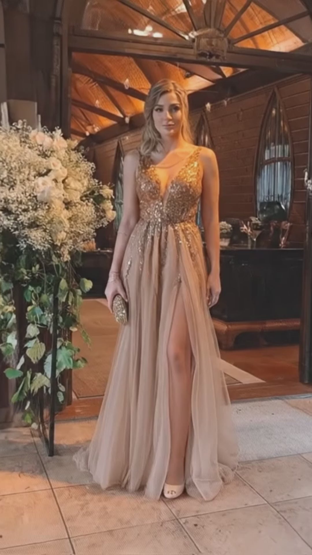 Chic Long A-line V-neck Beading Tulle Backless Prom Dress with Slit
