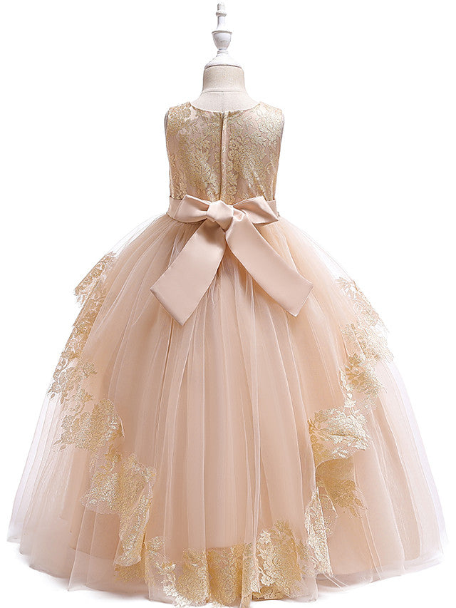 Princess Lace Satin Tulle Sleeveless Jewel Neck Wedding Party Pageant Flower Girl Dresses-BIZTUNNEL