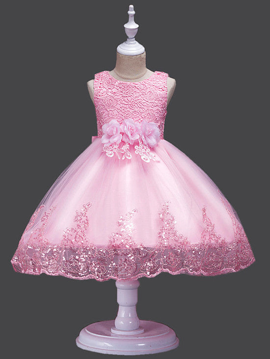 Princess Lace Tulle Sleeveless Jewel Neck Wedding Birthday Flower Girl Dresses-BIZTUNNEL