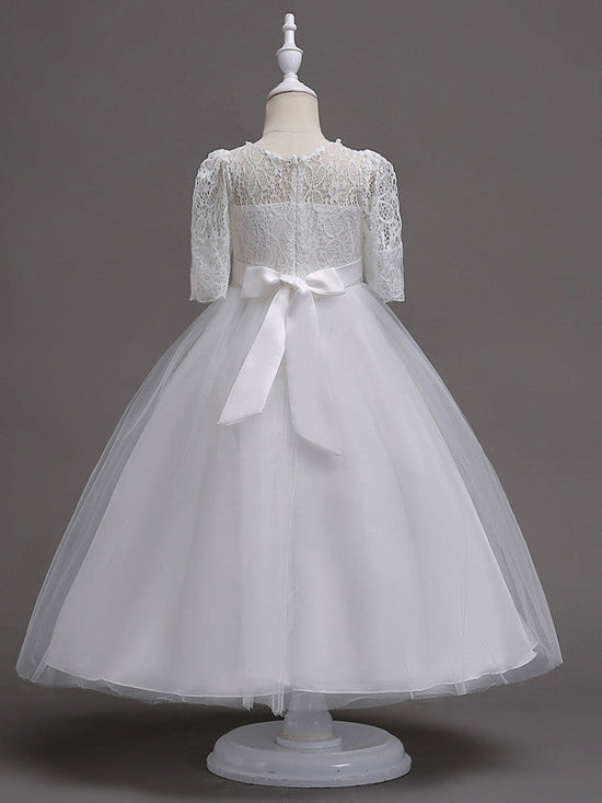 Princess Satin Tulle Jewel Neck Wedding First Communion Flower Girl Dresses with Sleeves-BIZTUNNEL