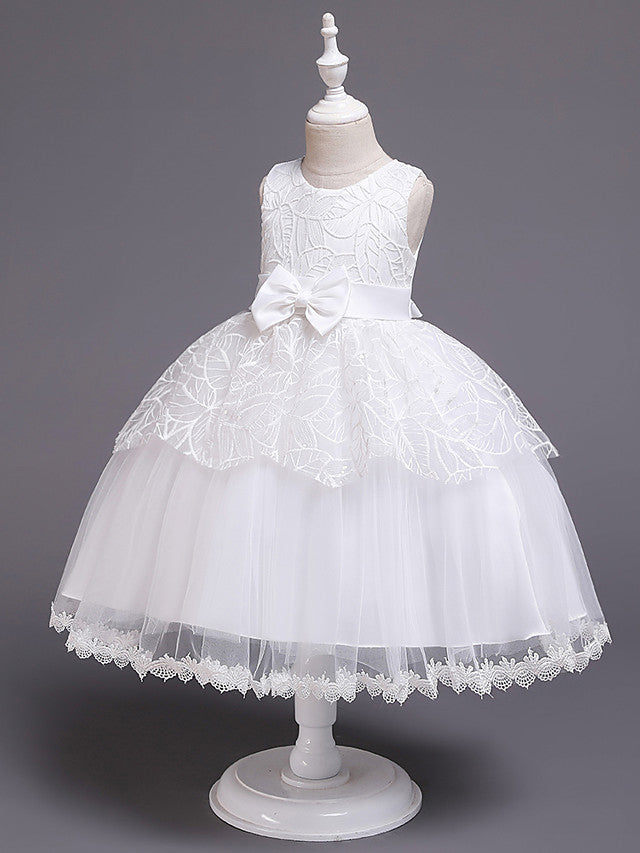 Princess Satin Tulle Sleeveless Jewel Neck Wedding First Communion Birthday Flower Girl Dresses-BIZTUNNEL
