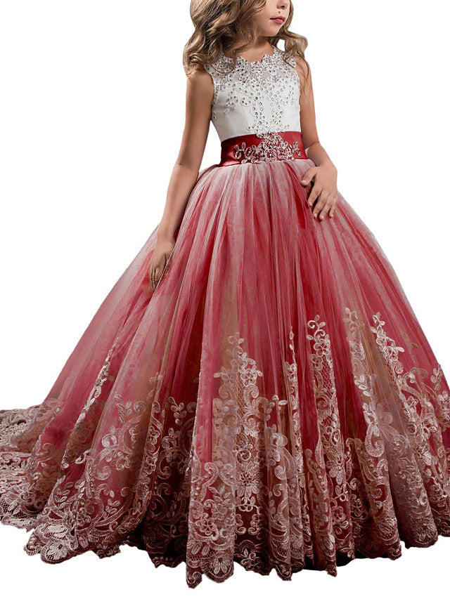 Sleeveless Lace Pageant Party Wedding Flower Girl Dress Cute Rounmd Neck Bow Gown
