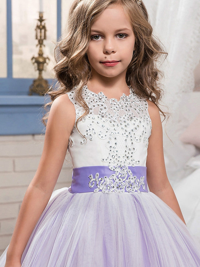 Princess Sleeveless Jewel Neck Pageant Flower Girl Dresses With Bow-BIZTUNNEL