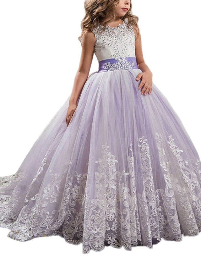 Princess Sleeveless Jewel Neck Flower Girl Dress - Polyester with Bow Embroidery