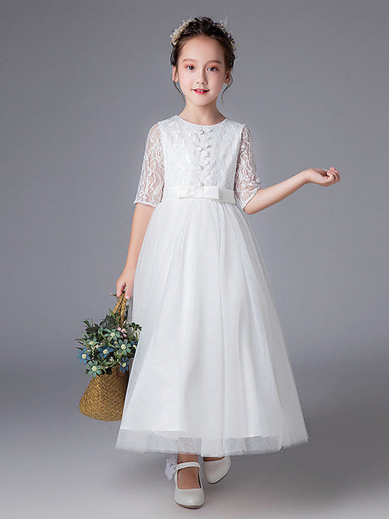 Princess Tulle Lace Half Sleeve Jewel Neck Wedding First Communion Flower Girl Dresses-BIZTUNNEL