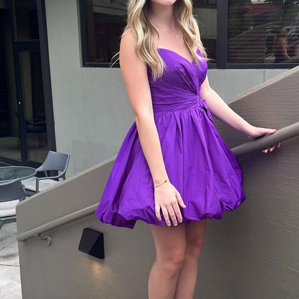 Purple A-Line Strapless Ruched Short Homecoming Dress