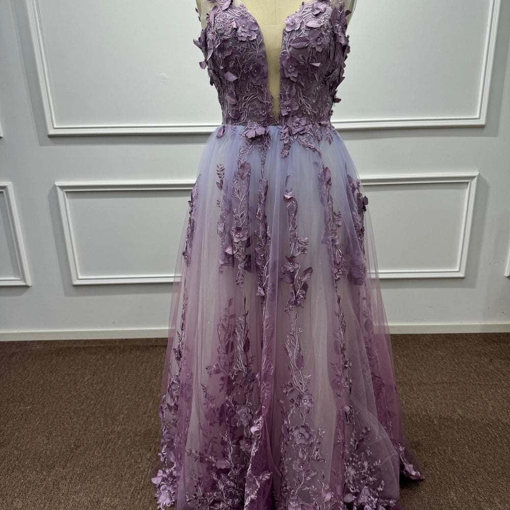 
                  
                    Purple V-neck Sleeveless Long Evening Dresses with Floral Applique
                  
                