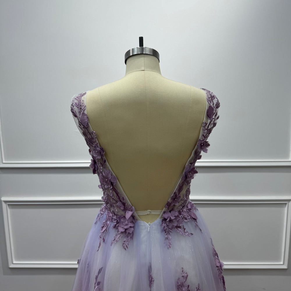 
                  
                    Purple V-neck Sleeveless Long Evening Dresses with Floral Applique
                  
                