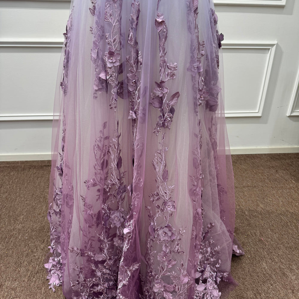 
                  
                    Purple V-neck Sleeveless Long Evening Dresses with Floral Applique
                  
                