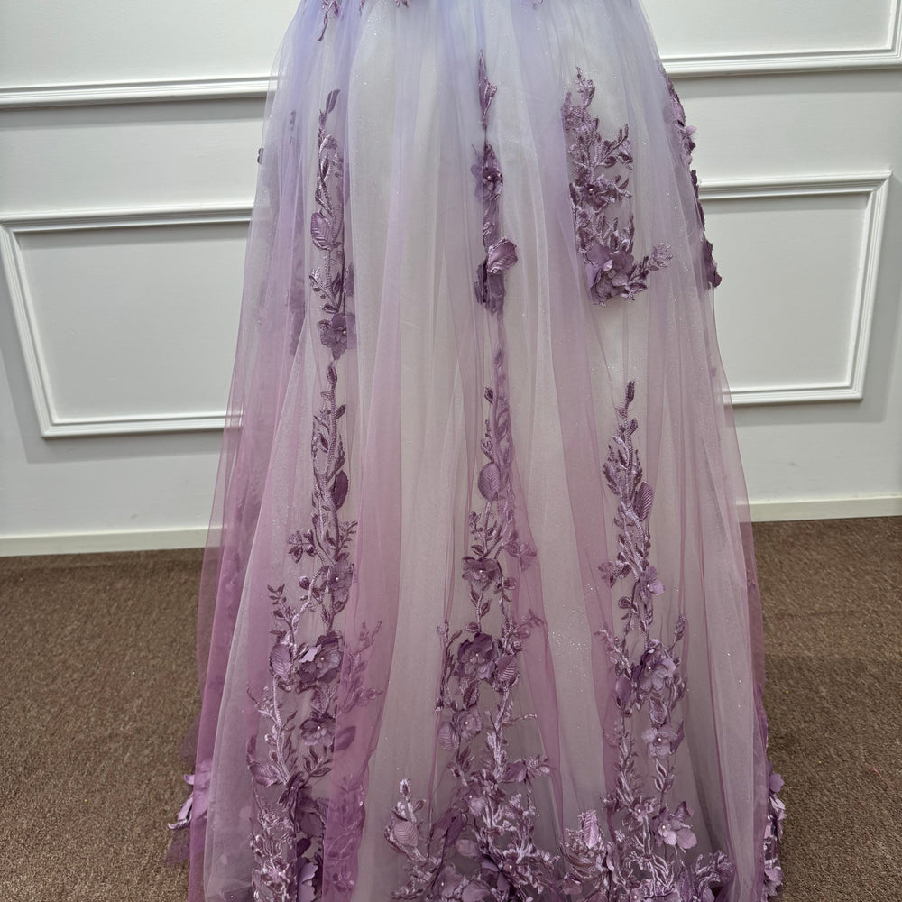 
                  
                    Purple V-neck Sleeveless Long Evening Dresses with Floral Applique
                  
                