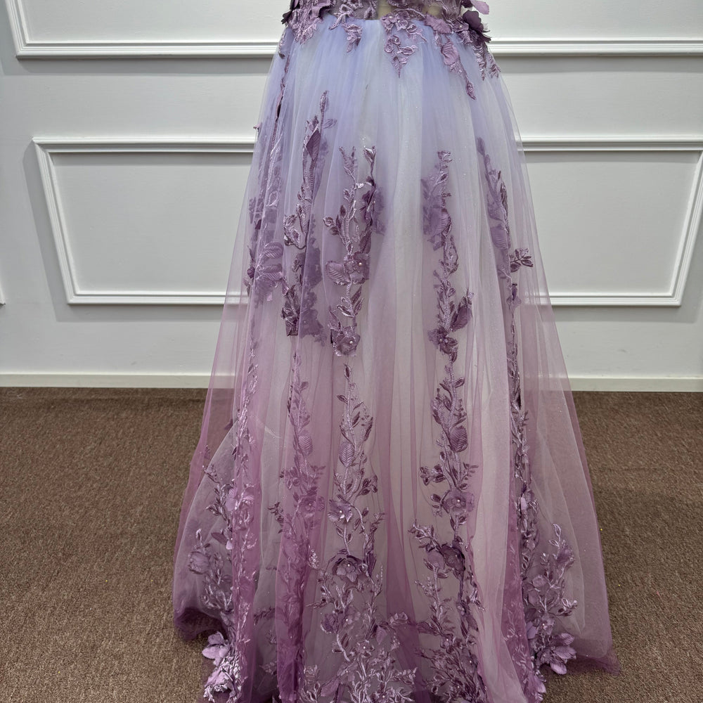 
                  
                    Purple V-neck Sleeveless Long Evening Dresses with Floral Applique
                  
                