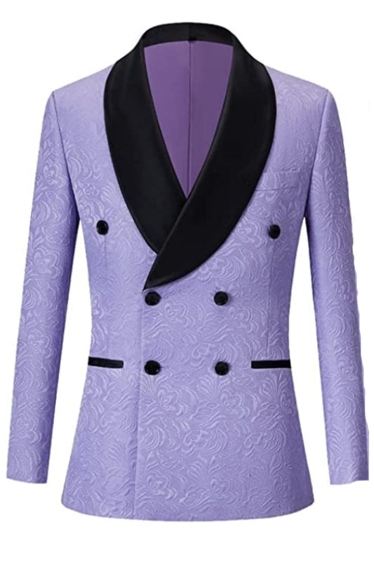 Lucas Fashion Purple Double Breasted Jacquard Wedding Suits With Black Velvet Shawl Lapel