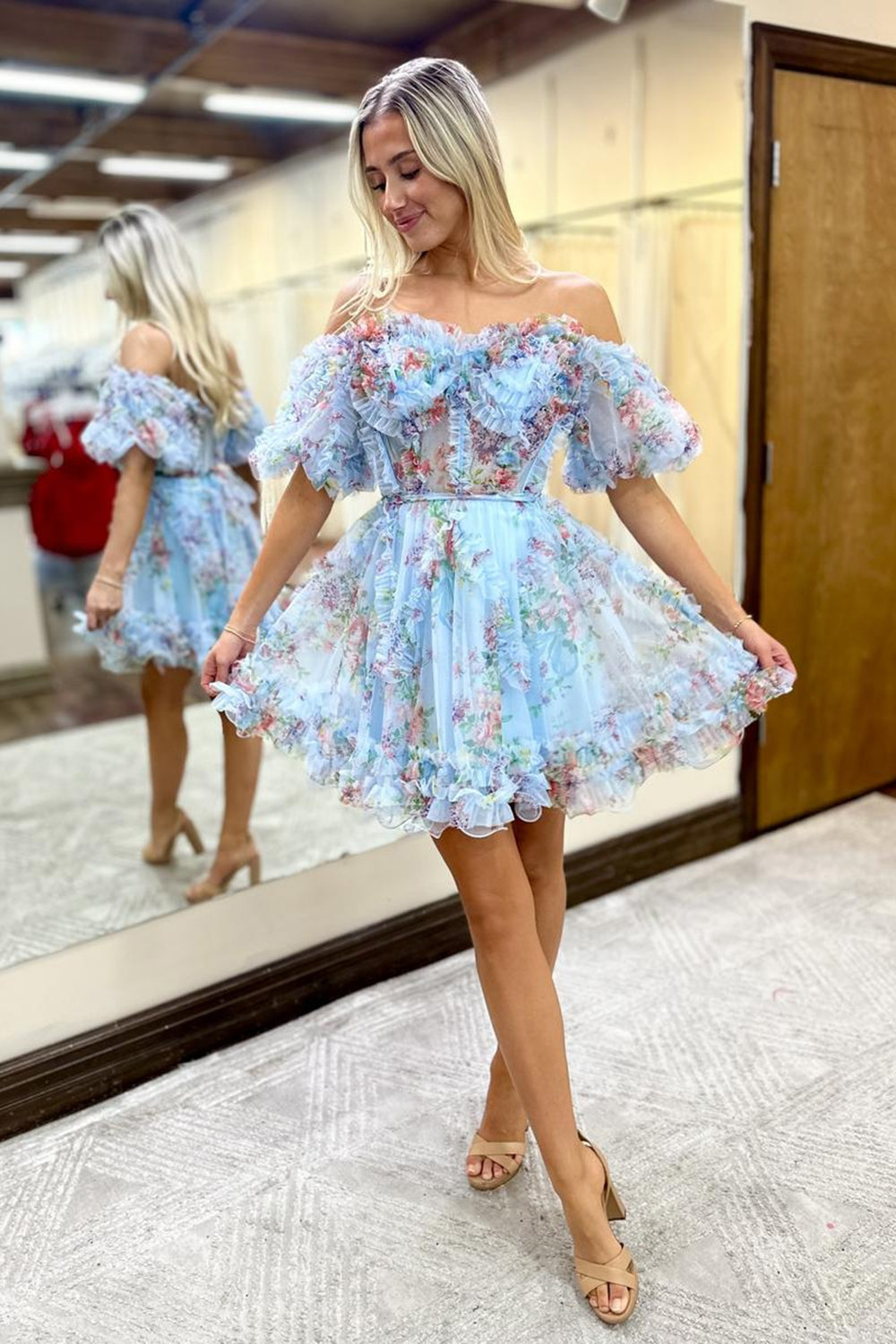 floral purple homecoming dress GLS Collective GS3513 3D Floral Embroidered Glitter Homecoming Dress Lilac / XS