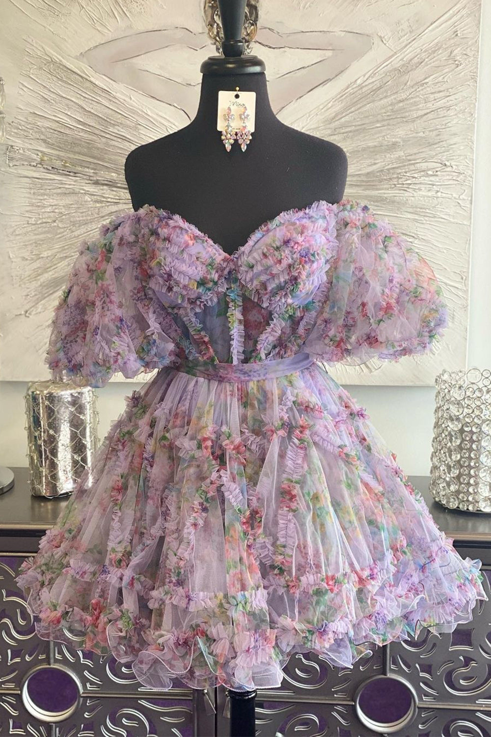 floral purple homecoming dress GLS Collective GS3513 3D Floral Embroidered Glitter Homecoming Dress Lilac / XS