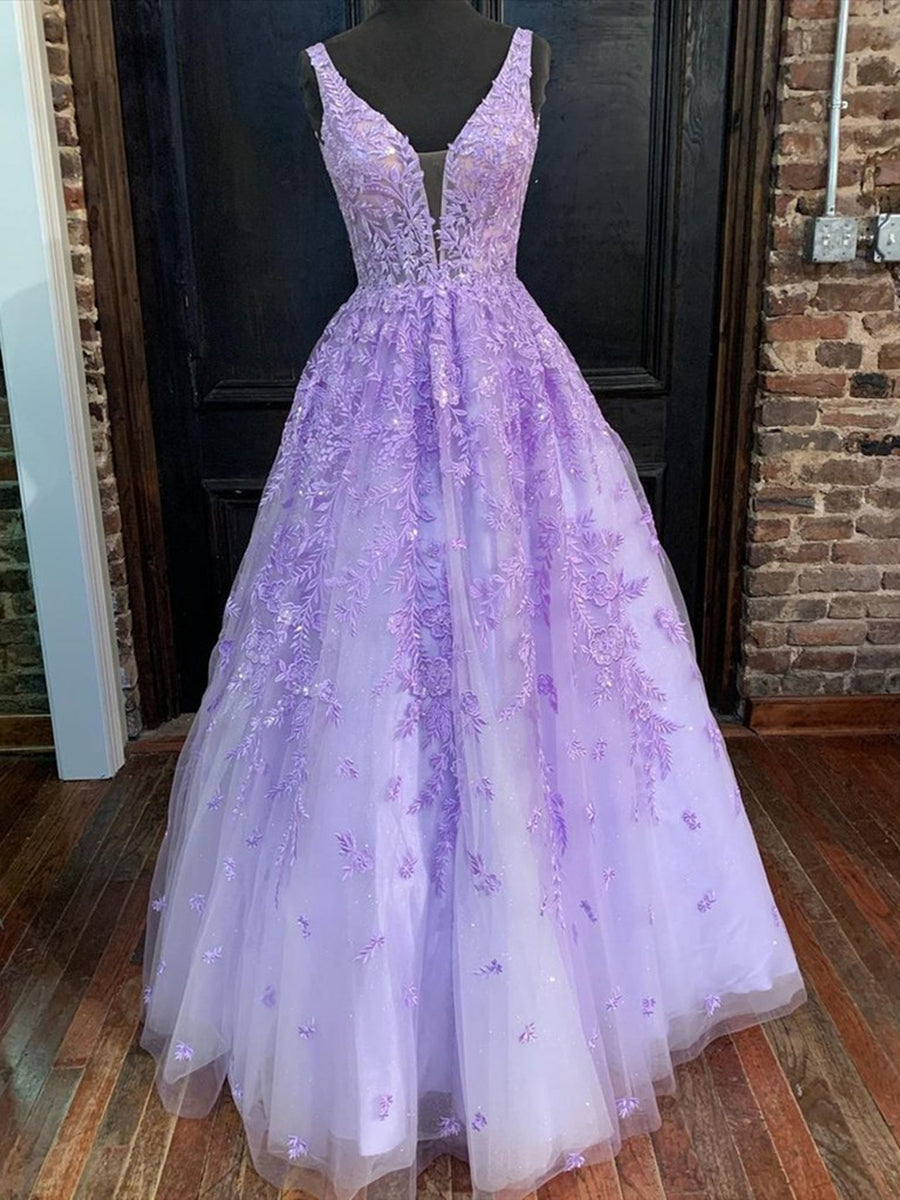 Purple Long A-line V Neck Tulle Lace Prom Formal Graduation Evening Dresses-BIZTUNNEL