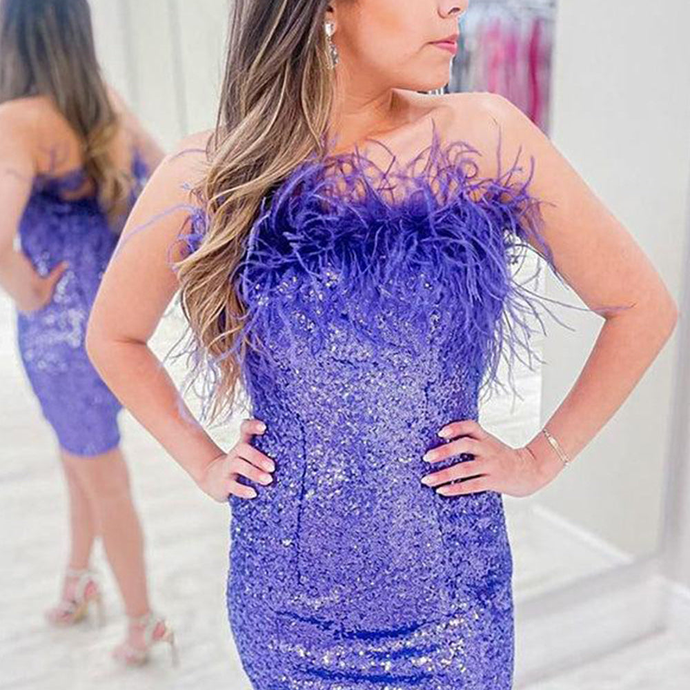 Purple Sparkly Tight Sequins Homecoming Dress with Feathers – BIZTUNNEL
