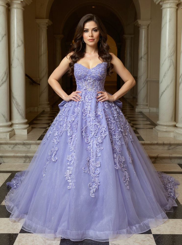 Purple Long Strapless Sequined Ball Gown Evening Dresses with Bow