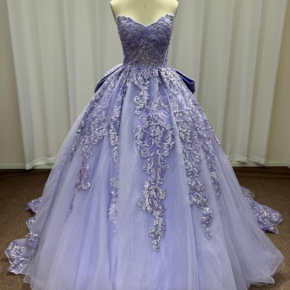 
                  
                    Purple Long Strapless Sequined Ball Gown Evening Dresses with Bow
                  
                