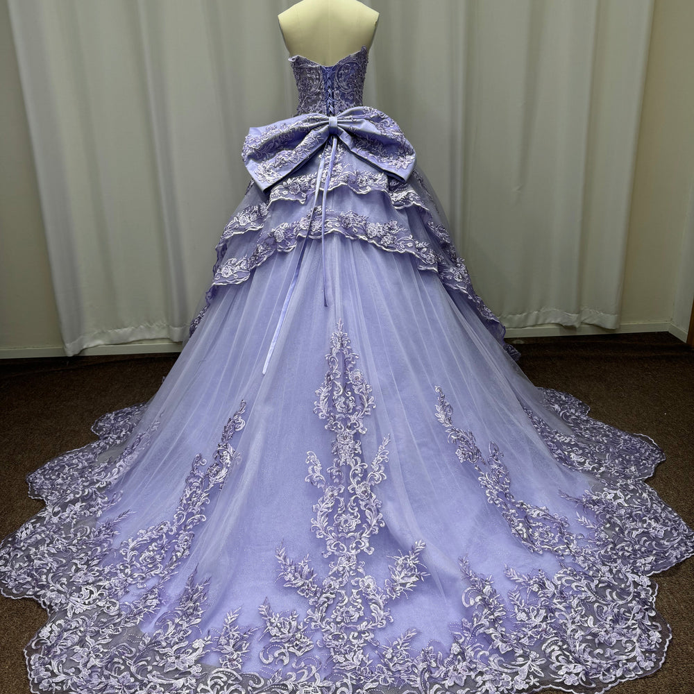 
                  
                    Purple Long Strapless Sequined Ball Gown Evening Dresses with Bow
                  
                