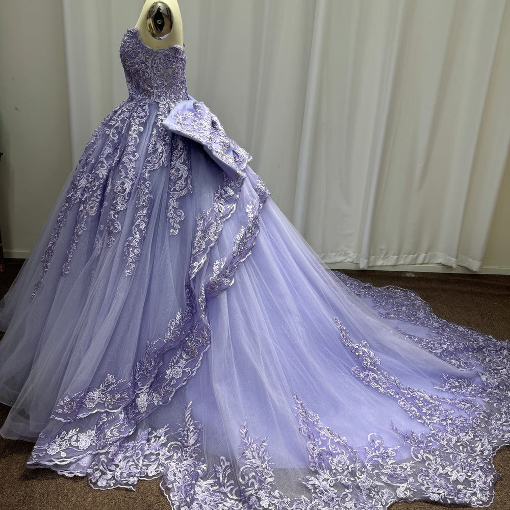 
                  
                    Purple Long Strapless Sequined Ball Gown Evening Dresses with Bow
                  
                