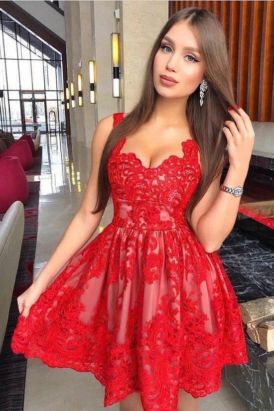 Red A-line Sweetheart Lace Short Prom Dresses-BIZTUNNEL