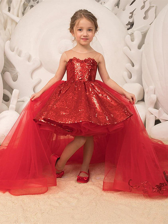 Red Ball Gown Sweep Brush Train Wedding Party Flower Girl Dresses-BIZTUNNEL